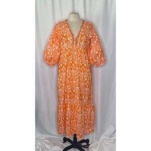 ZARA Embroidered Damask Print Midi Dress Orange White Midi Vacation Party Large